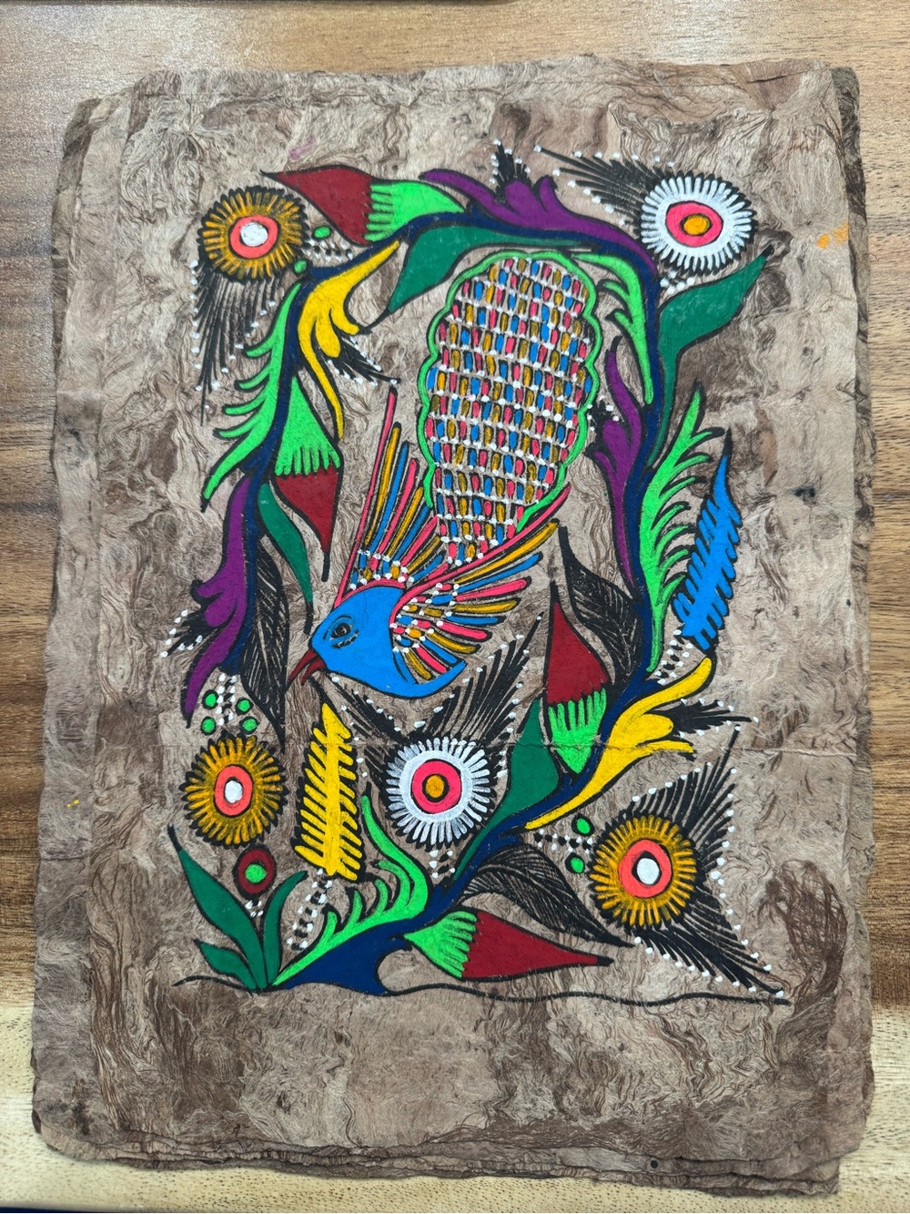 Vintage 1970s Mexican Amate Bark Painting Hand Painted Folk Art MINT CONDITION